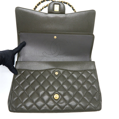Chanel Maxi Classic Double Flap Bag Caviar Olive Green Brushed