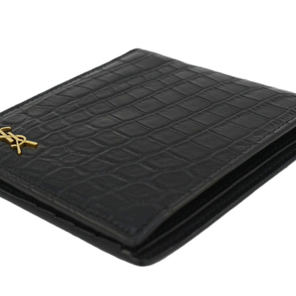 YVES SAINT LAURENT Crocodile Print Leather Billfold Wallet Black