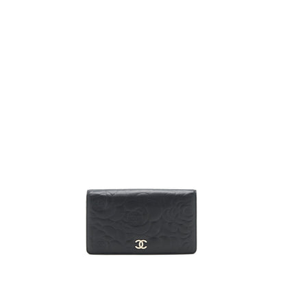 Chanel Camellia Fold Long Wallet Lambskin black / silver