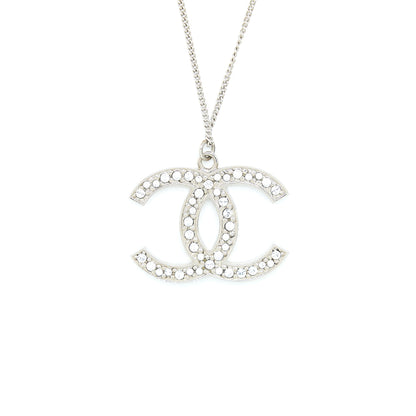 Chanel CC Logo Necklace Crystal Silver Tone