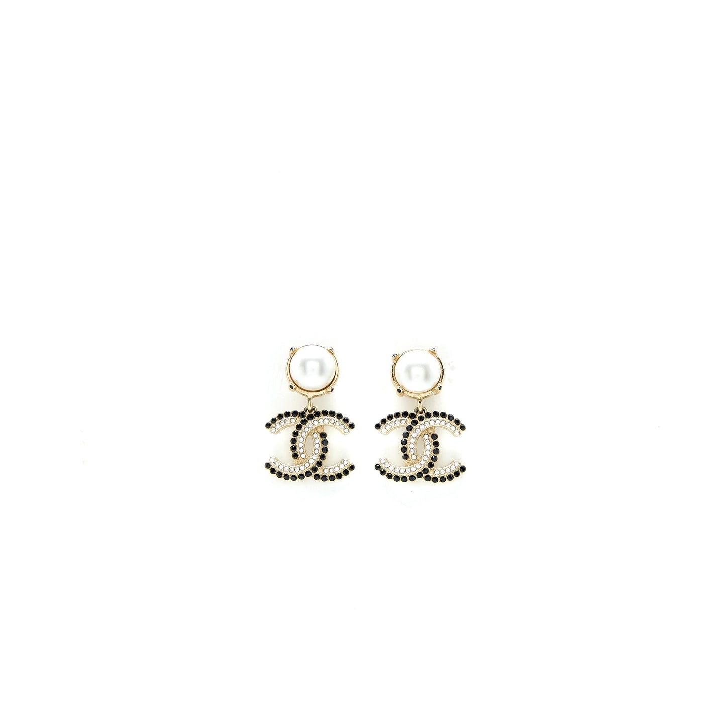 Chanel CC Logo Dropped Earrings Pearl/Crystal Light Gold Tone