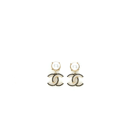 Chanel CC Logo Dropped Earrings Pearl/Crystal Light Gold Tone