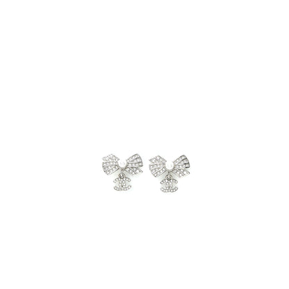 Chanel Ribbon with CC Drop Earrings Pearl/Crystal Silver Tone