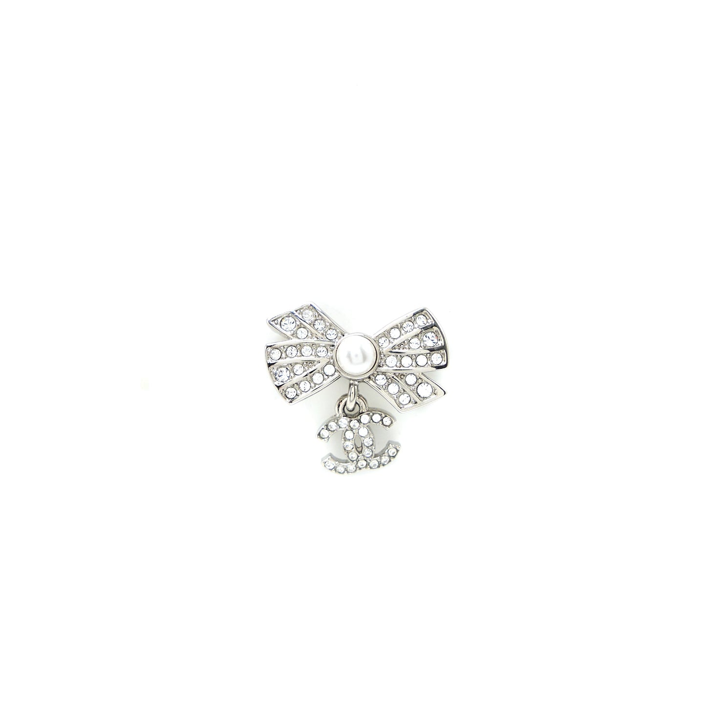 Chanel Ribbon with CC Drop Earrings Pearl/Crystal Silver Tone