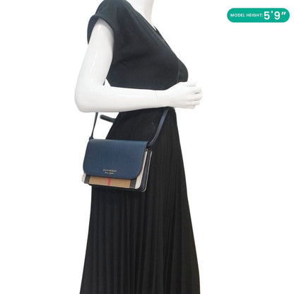 BURBERRY Hampshire Small House Check Crossbody Bag Navy Blue