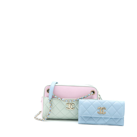 Chanel Small Camera Case Tricolour Goatskin Green Blue Pink L
