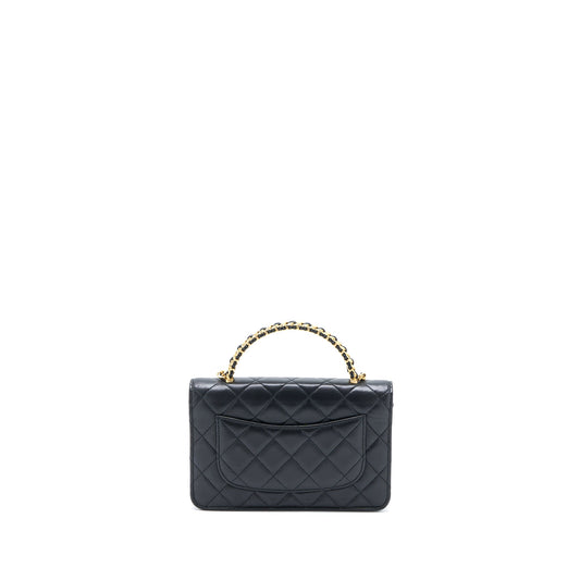 Chanel Detailed Top Handle Wallet on Chain Lambskin Black Brushed  (Microchip)