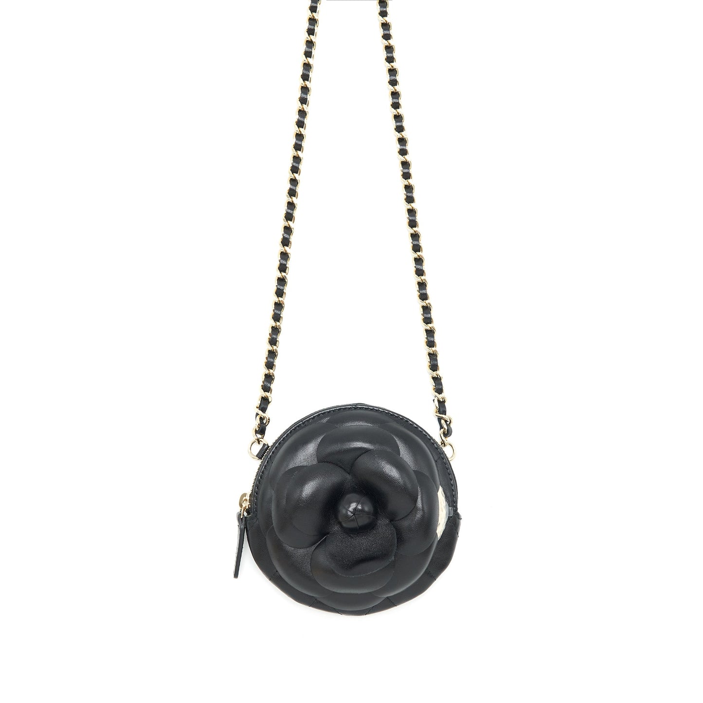 Chanel mini Round Camellia zippy Wallet with Chain Lambskin black
