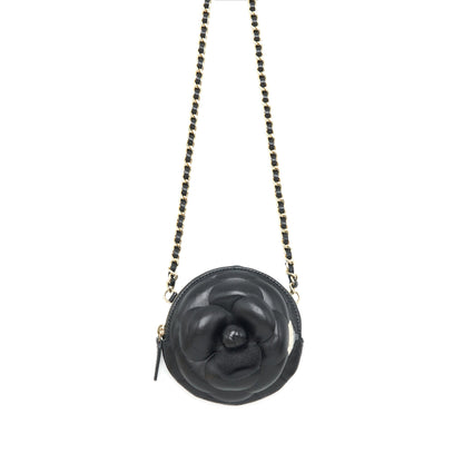 Chanel mini Round Camellia zippy Wallet with Chain Lambskin black