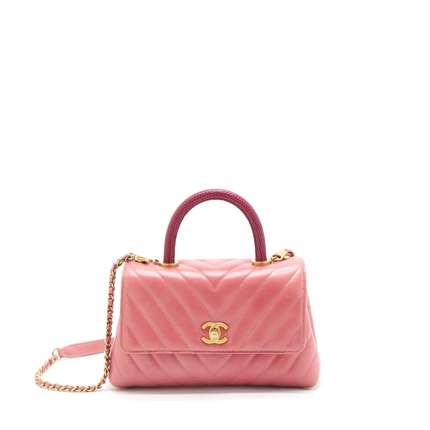 Chanel Small Coco Handle Chevron Calfskin With Lizard Handle Pink