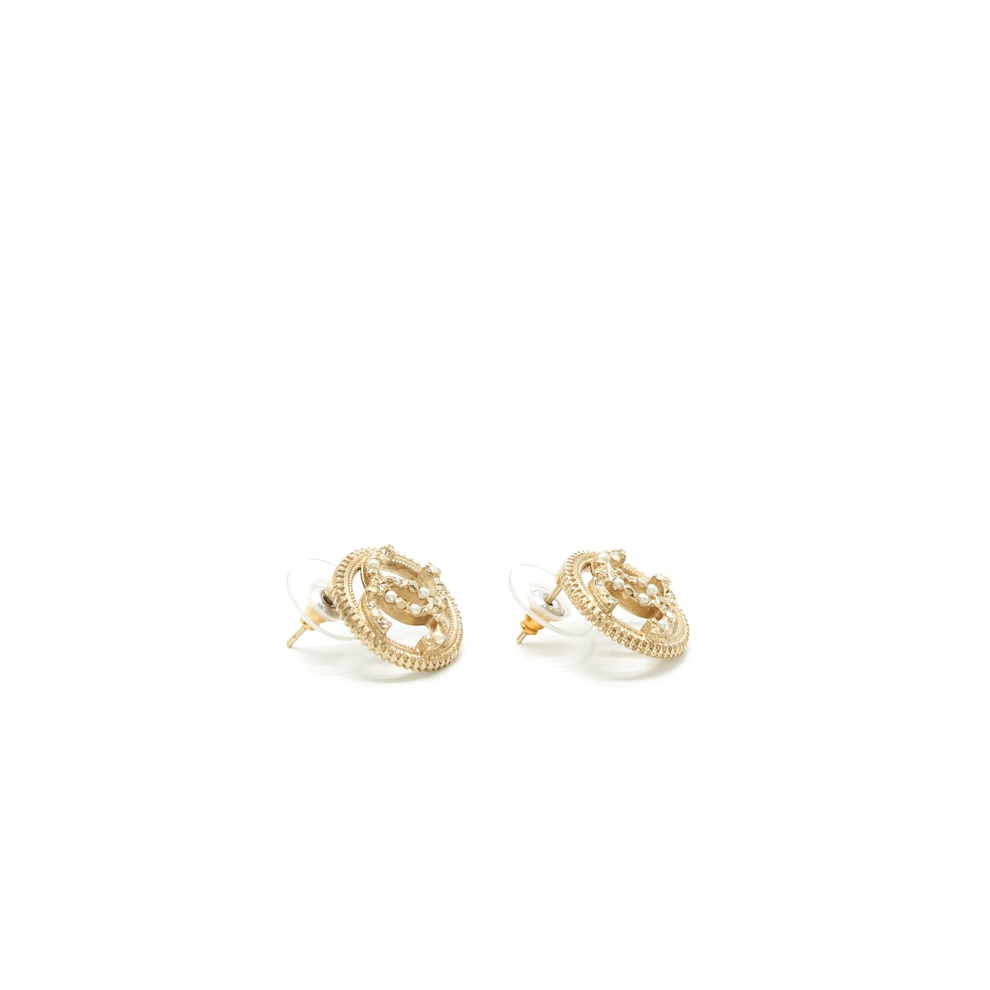 Chanel Round CC Logo Crystal and Pearl Earrings