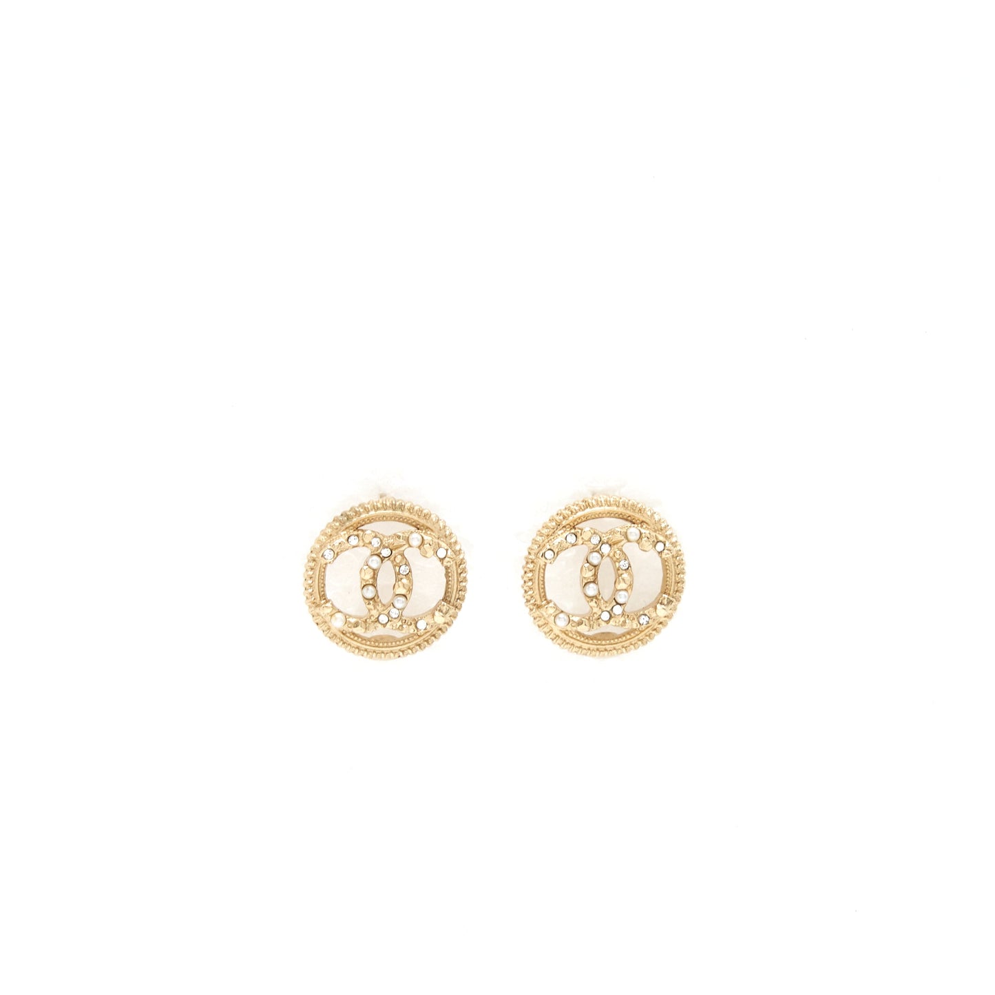 Chanel Round CC Logo Crystal and Pearl Earrings