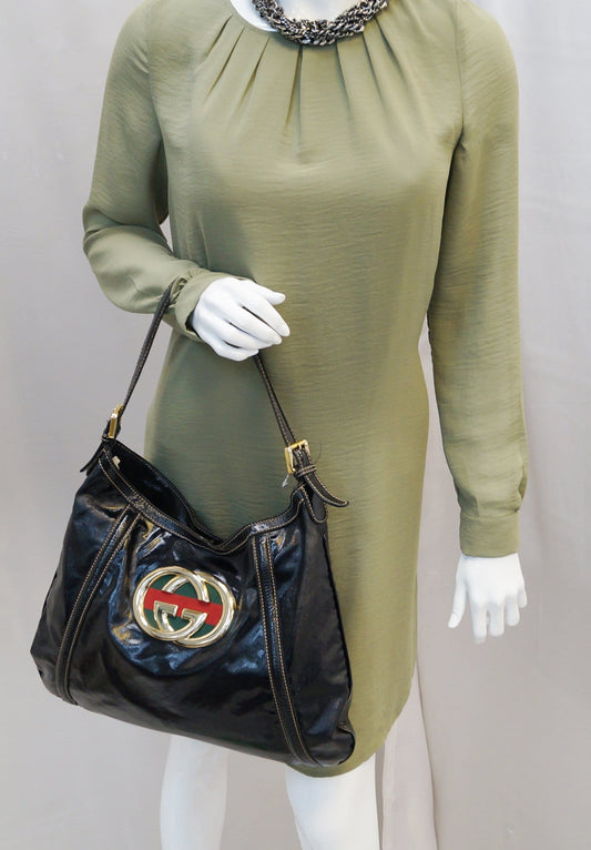 GUCCI Patent Leather Black Medium Britt Hobo Bag