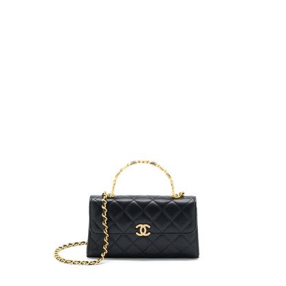 Chanel 22B Flap Bag With Enamel/CC Logo Top Handle Lambskin Black Brushed