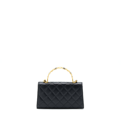 Chanel 22B Flap Bag With Enamel/CC Logo Top Handle Lambskin Black Brushed