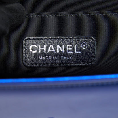 CHANEL MEDIUM LE BOY BAG IN METALLIC BLUE