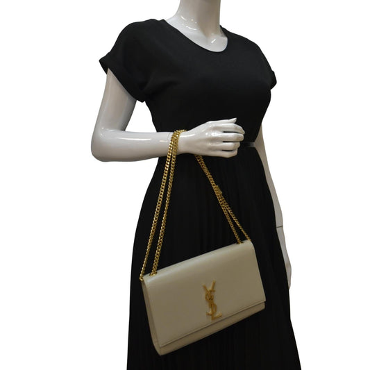 YVES SAINT LAURENT Kate Leather Chain Clutch Crossbody Bag White