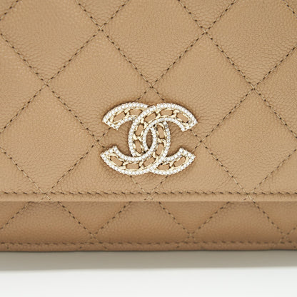Chanel 22S detailed Logo Wallet on chain Caviar Dark beige with L