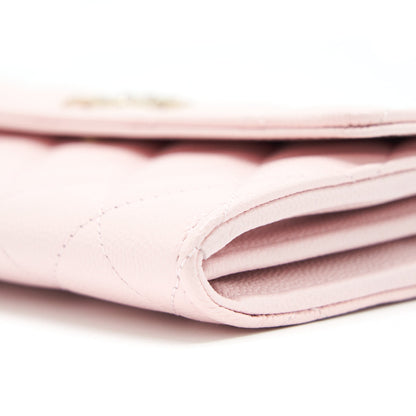 Chanel 22S detailed logo flap long wallet caviar light pink with L