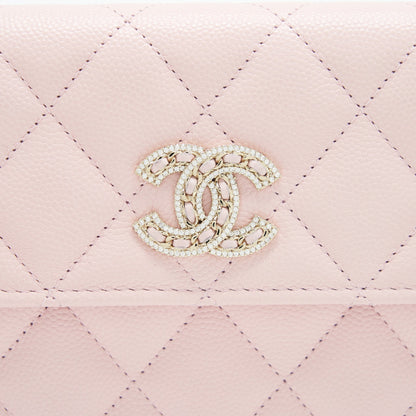 Chanel 22S detailed logo flap long wallet caviar light pink with L