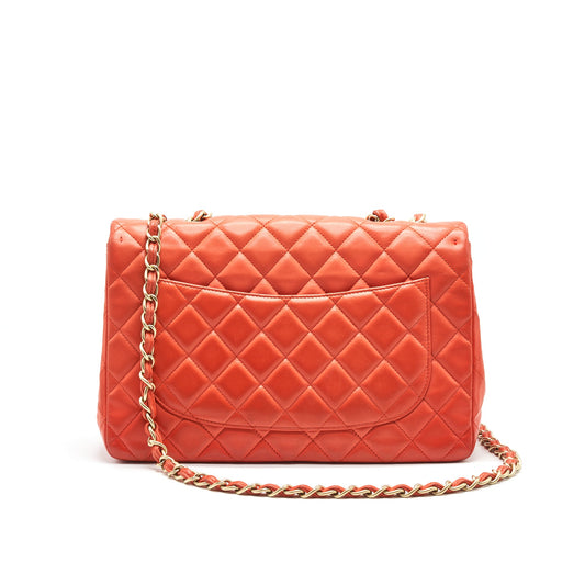 CHANEL CLASSIC SINGLE FLAP JUMBO BAG ORANGE LAMBSKIN