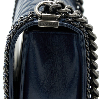 Chanel Medium Boy Bag Limited Edition with Chain Edge Aged Calfskin Navy Ruthenium Hardware