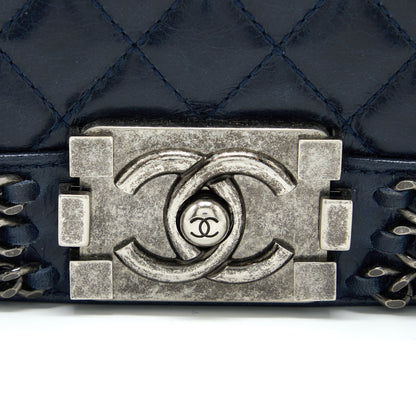 Chanel Medium Boy Bag Limited Edition with Chain Edge Aged Calfskin Navy Ruthenium Hardware