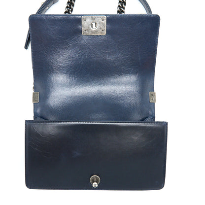 Chanel Medium Boy Bag Limited Edition with Chain Edge Aged Calfskin Navy Ruthenium Hardware