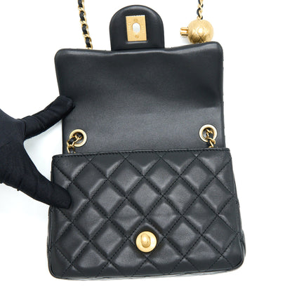 Chanel Pearl Crush Mini Square Flap Bag Lambskin Black  (Microchip)