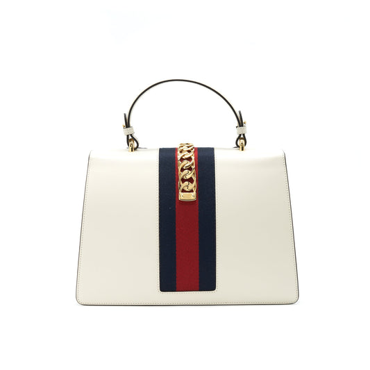 Gucci Sylvie Top Handle Embroidered Medium Tote Bag White