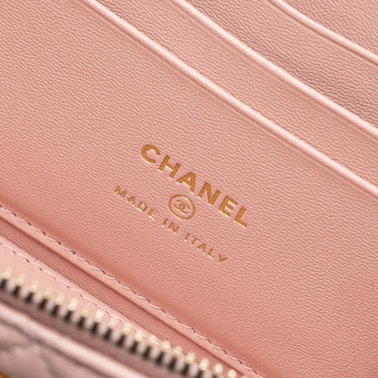 Chanel Long Vanity Case Camellia Chain Lambskin  Light Pink  (Microchip)