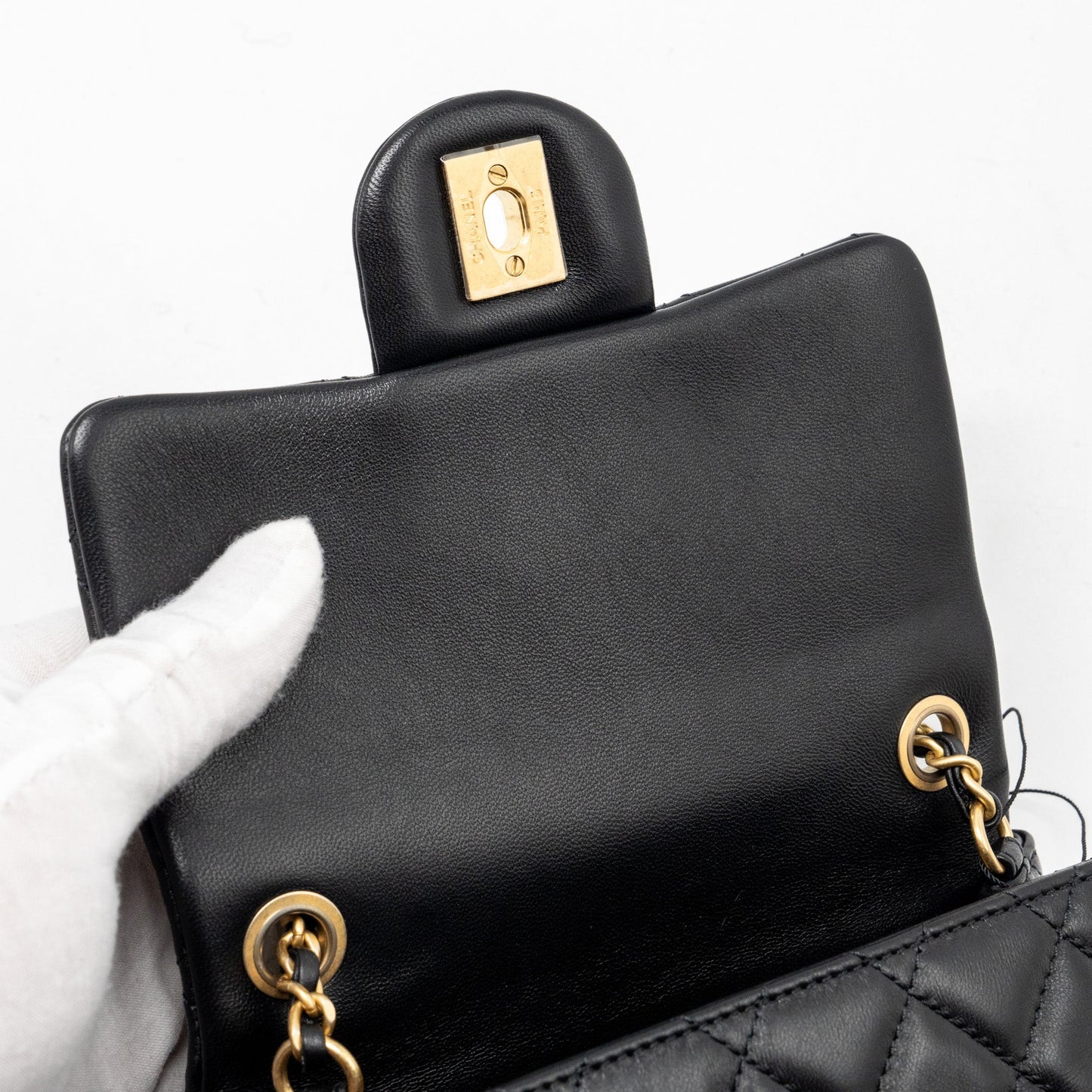 Chanel pearl crush mini square flap bag lambskin black  (microchip)