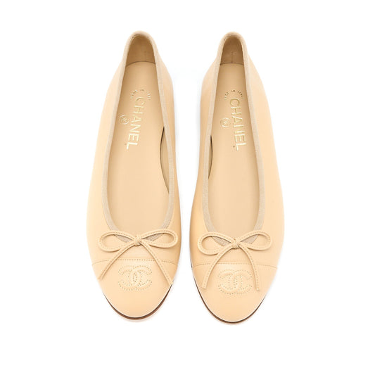Chanel Size 38.5 Ballerina Flat Shoes Lambskin Beige