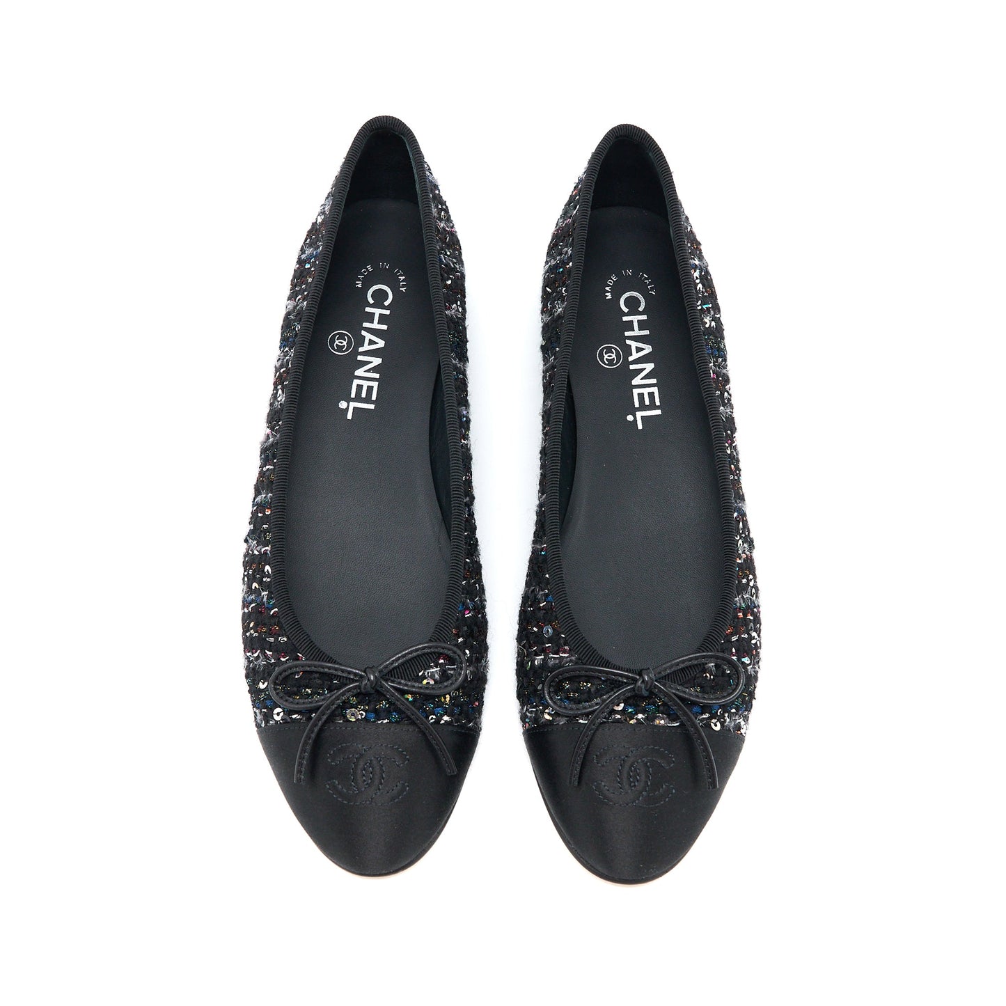 Chanel Size 39 Ballerina Flat Shoes Tweed/Satin Black/Multicolour