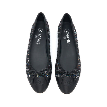 Chanel Size 39 Ballerina Flat Shoes Tweed/Satin Black/Multicolour