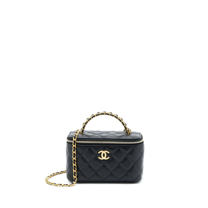 Chanel 22k Leather Chain Top Handle Long Vanity Case Lambskin Black Brushed