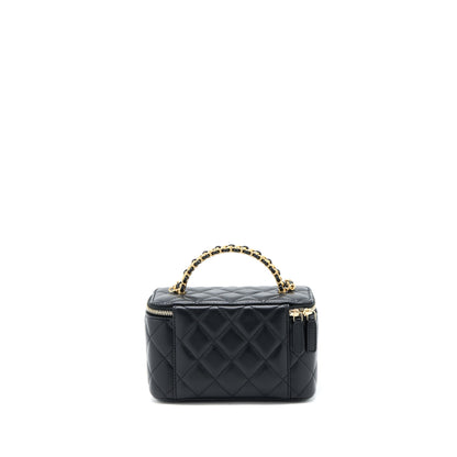 Chanel 22k Leather Chain Top Handle Long Vanity Case Lambskin Black Brushed