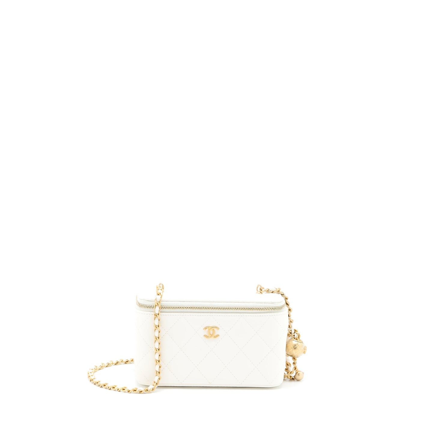 Chanel Pearl Crush Long Vanity Case Lambskin White Brushed