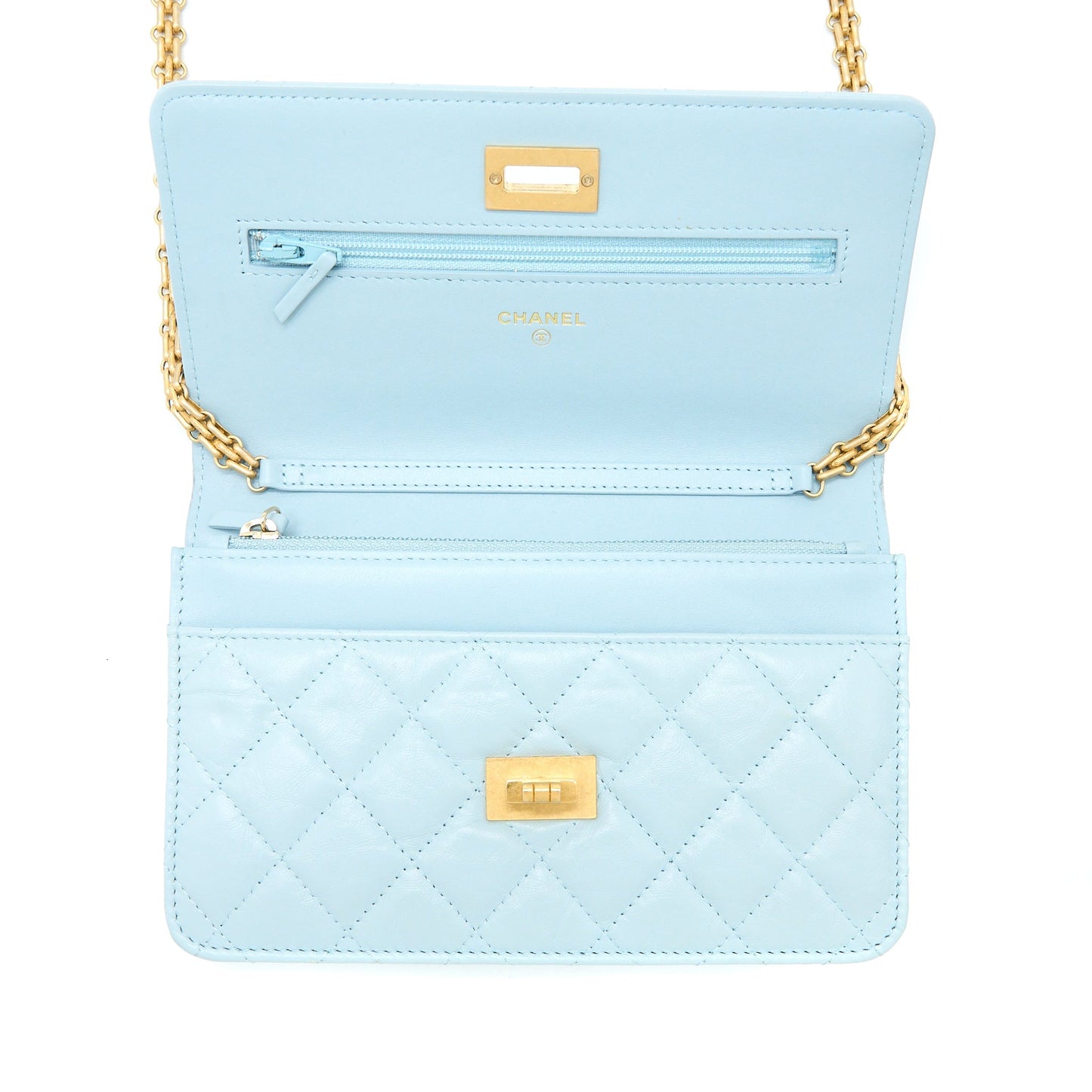 Chanel 2.55 Reissue Wallet On Chain Aged Calfskin Light Blue Brushed  (Microchip)