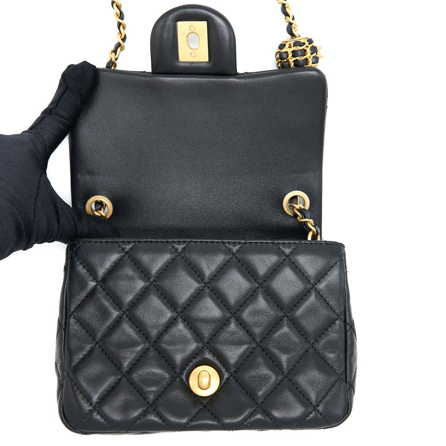 Chanel 22S Pearl Crush Mini Square Flap Bag Lambskin Black (Microchip)