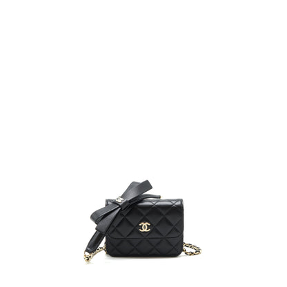 Chanel Mini flap card holder Ribbon Chain Lambskin Black L