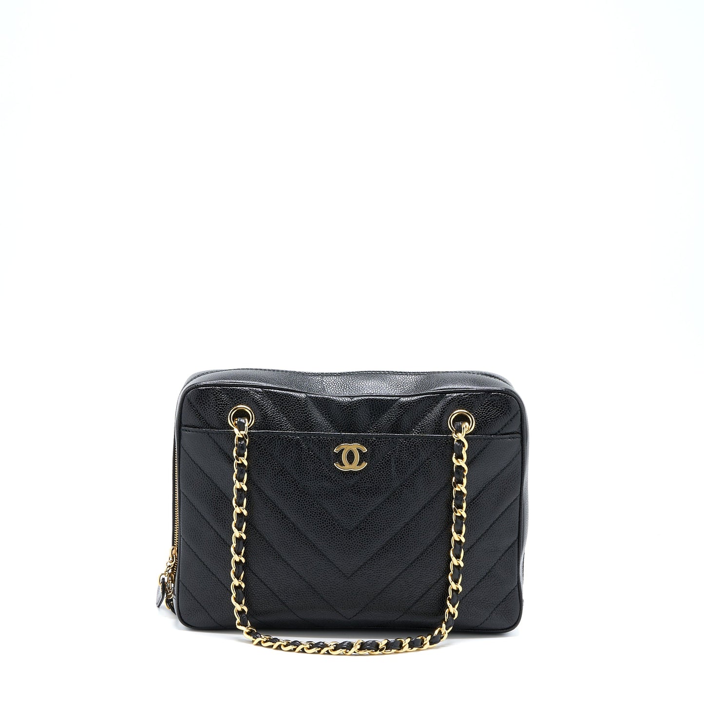 Chanel Vintage Camera Chevron Tote Bag Caviar Black
