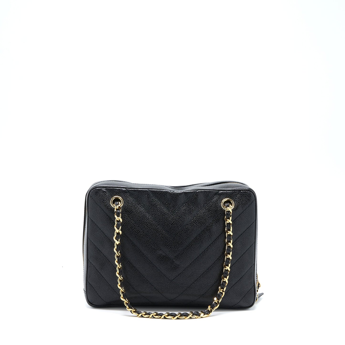 Chanel Vintage Camera Chevron Tote Bag Caviar Black