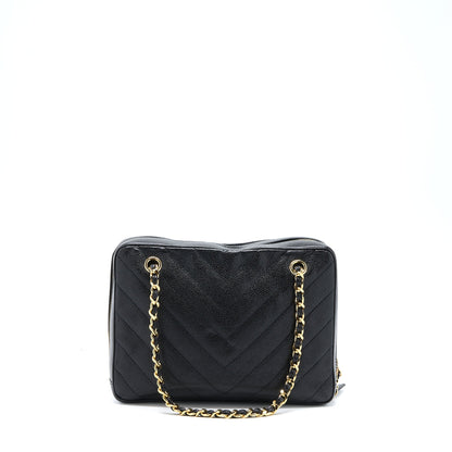 Chanel Vintage Camera Chevron Tote Bag Caviar Black