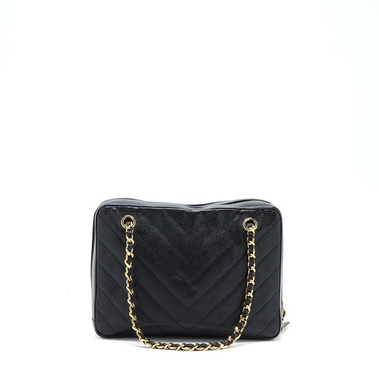 Chanel Vintage Camera Chevron Tote Bag Caviar Black