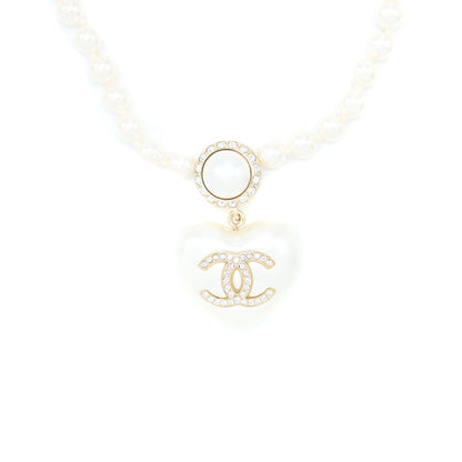 Chanel CC Logo Heart Necklace Pearl/Crystal Light Gold Tone