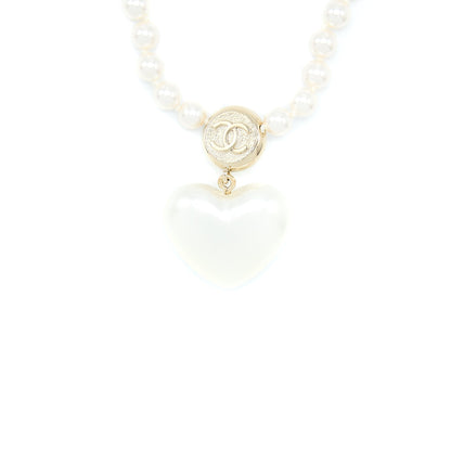 Chanel CC Logo Heart Necklace Pearl/Crystal Light Gold Tone