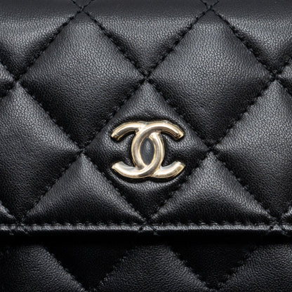 Chanel mini flap card holder with ribbon chain lambskin black L