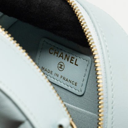 Chanel Mini Round Vanity With ribbon on chain Lambskin Light Blue L
