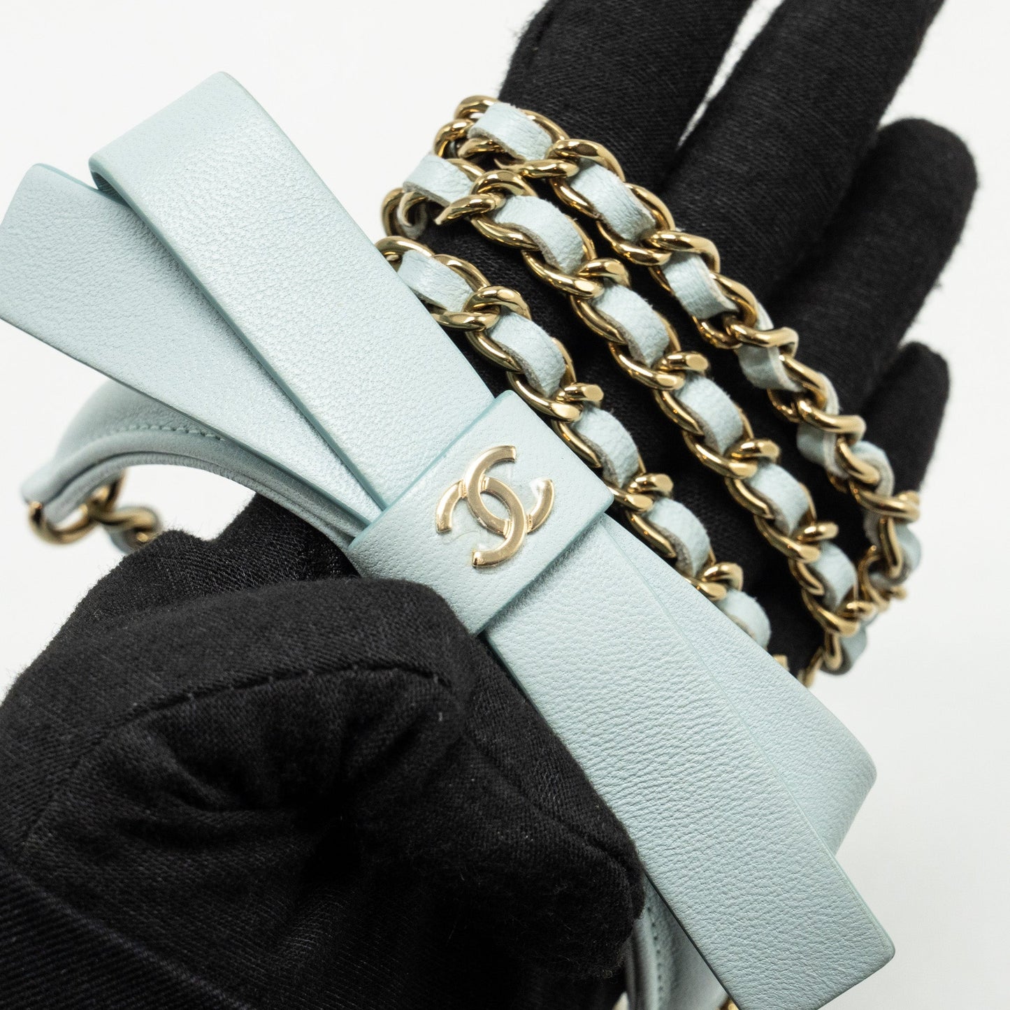 Chanel Mini Round Vanity With ribbon on chain Lambskin Light Blue L